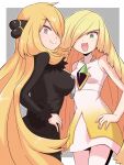  2girls black_coat black_shirt blonde_hair coat cynthia_(pokemon) dress fur_collar green_eyes grey_eyes hair_ornament hair_over_one_eye highres kurachi_mizuki long_hair lusamine_(pokemon) multiple_girls pokemon pokemon_(game) pokemon_dppt pokemon_sm shirt short_dress sleeveless sleeveless_dress very_long_hair wavy_hair white_dress white_legwear 