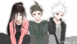  3boys alternate_costume alternate_hairstyle artist_name bangs black_hair black_jacket black_pants black_shirt blush brown_eyes brown_hair brown_pants collarbone danganronpa_(series) danganronpa_2:_goodbye_despair grey_pants grey_shirt grin highres hinata_hajime hinata_hajime_(awakened) hood hood_down jacket kamukura_izuru male_focus multiple_boys one_eye_closed open_clothes open_jacket pants pink_jacket ponytail red_eyes shirt sitting smile spoilers teeth tuteurfars_shin white_hair 