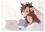  2girls absurdres air_shakur_(umamusume) animal_ears artist_name bangs bed black_hair blanket breasts brown_hair closed_eyes closed_mouth clover_hair_ornament commentary_request computer ear_piercing fine_motion_(umamusume) frown hair_ornament highres horse_ears laptop long_hair multicolored_hair multiple_girls open_mouth parted_bangs piercing pillow sleeping small_breasts strap_slip two-tone_hair umamusume yellow_eyes yuri zetsuyo_chimayo 