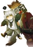  2boys 61037549 animal_ears aosta_(arknights) arknights bishounen chiave_(arknights) cowboy_shot fingerless_gloves full_body gloves highres jacket male_focus multiple_boys nail_gun red_gloves red_hair red_jacket shoes short_hair shorts tail white_hair wolf_boy wolf_ears wolf_tail yellow_eyes 