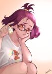  1girl bangs_pinned_back bare_shoulders bright_pupils collarbone dog glasses godzilla_(series) godzilla_singular_point gradient gradient_background highres jaysosillyart kaijuu kamino_mei_(singular_point) keychain lips pero_2 purple_hair rodan shirt solo white_shirt 