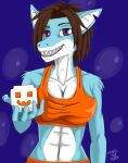  anthro blue_body breasts brown_hair cleavage clothed clothing digital_drawing_(artwork) digital_media_(artwork) dysbelief_shark_real female fish hair hi_res marine orange_clothing purple_eyes shark solo spike_the_furry 