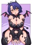  1girl :o antenna_hair arm_support arms_between_legs black_legwear blue_hair blush breasts brown_eyes cleavage demon_horns demon_tail demon_wings detached_collar detached_sleeves fake_horns fake_tail fake_wings hair_between_eyes head_tilt horns idolmaster idolmaster_million_live! idolmaster_million_live!_theater_days kwaejina large_breasts looking_at_viewer short_hair sitting solo tail thighhighs toyokawa_fuuka wariza wings wrist_cuffs 