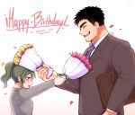  1boy 1girl birthday black_hair blush bouquet collared_shirt english_commentary facial_hair flower from_side gift green_eyes green_hair happy_birthday height_difference highres holding holding_bouquet igarashi_futaba_(shiromanta) jacket mature_male medium_hair necktie office_lady on_head pan_ccp pink_flower purple_necktie salaryman senpai_ga_uzai_kouhai_no_hanashi shirt short_hair smile stubble takeda_harumi_(shiromanta) thick_eyebrows upper_body yellow_flower 