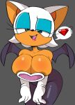  anthro areola areola_slip big_breasts breasts chiropteran cleavage cleavage_overflow clothed clothing eyeshadow female gem gloves handwear lipstick looking_at_viewer makeup mammal question_mark rouge_the_bat sega smile solo sonic_the_hedgehog_(series) spandex tight_clothing vilepluff wings 