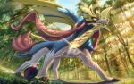  animal_focus claws commentary_request day forest from_below glint grass great_ball ho-oh_(artist) looking_down mouth_hold nature no_humans outdoors poke_ball pokemon pokemon_(creature) sky solo sword tree weapon yellow_eyes zacian zacian_(crowned) 