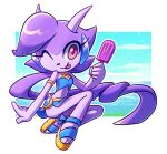  anthro clothed clothing crealle dragon female flat_chested footwear freedom_planet hair hi_res horn hybrid looking_at_viewer mammal midriff one_eye_closed purple_body purple_hair sandals sash_lilac solo swimwear tongue tongue_out video_games water wink 