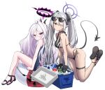  2girls absurdres ahoge arm_support bangs bare_arms bare_shoulders bikini black-framed_eyewear black_bikini black_bow black_footwear black_gloves blue_archive blue_swimsuit blush bow breasts can cleavage closed_mouth cooler demon_tail eyebrows_visible_through_hair eyewear_on_head gloves grey_hair hair_bow hair_ornament hair_over_one_eye hairclip halo highres hina_(blue_archive) hina_(swimsuit)_(blue_archive) ice ice_cube innertube iori_(blue_archive) iori_(swimsuit)_(blue_archive) kneeling long_hair multiple_girls navel one-piece_swimsuit otakummm parted_bangs pink_hair pointy_ears red_eyes sandals school_swimsuit shoe_soles side-tie_bikini simple_background small_breasts sunglasses sweat swimsuit tail twintails very_long_hair white_background white_hair 