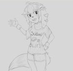  anthro badfidhell basset_hound blush blush_stickers bottomwear breasts canid canine canis clothing domestic_dog female freedom_planet fur greyscale hair hunting_dog long_ears mammal milla_basset monochrome open_mouth scent_hound shirt shorts solo topwear video_games 