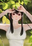  1girl absurdres armpits arms_up artist_name bangs bare_shoulders black_hair blurry blurry_foreground collarbone earrings hair_ornament highres jewelry leaf lips long_hair looking_at_viewer lufi_ays red_eyes sleeveless solo spy_x_family yor_briar 