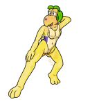  alpha_channel anthro blush bodily_fluids body_blush clothing female footwear genital_fluids genitals green_hair hair hi_res koopa koopa_troopa lendri_mujina mario_bros nintendo nipple_outline pussy pussy_blush pussy_juice scalie shell-less shoes solo stretching_legs sweating_profusely swimwear tight_clothing tongue tongue_out troopea video_games yellow_body yellow_skin 