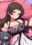  1girl bangs blush book breasts brown_eyes detached_sleeves floral_print halterneck idolmaster idolmaster_million_live! idolmaster_million_live!_theater_days kitazawa_shiho kwaejina layered_nightgown long_hair looking_at_viewer lying medium_breasts nightgown on_back on_bed parted_bangs pillow smile solo stuffed_animal stuffed_cat stuffed_toy yellow_eyes 