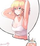  1girl :3 absurdres armpits arms_behind_head bangs blonde_hair blush breasts camisole cleavage collarbone dreaming english_commentary highres karasawa_miko looking_at_viewer medium_breasts millie_parfait navel nijisanji nijisanji_en parted_lips short_hair solo_focus under_covers virtual_youtuber white_camisole zzz 