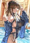  1girl bangs bare_shoulders black_swimsuit blue_jacket breasts brown_hair collarbone covered_nipples eyebrows_visible_through_hair green_eyes hair_ornament highres jacket large_breasts long_sleeves looking_at_viewer off_shoulder one-piece_swimsuit original parted_lips ponytail pool ran&#039;ou_(tamago_no_kimi) sideboob solo swimsuit water 