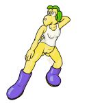  anthro bottomless clothed clothing female footwear genitals green_hair hair hi_res koopa koopa_troopa lendri_mujina mario_bros nintendo nipple_outline pussy scalie shell-less shirt shoes solo stretching_legs topwear troopea undershirt video_games yellow_body yellow_skin 