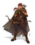  1boy arrow_(projectile) bag belt black_belt boots bow_(weapon) cape closed_mouth facial_hair goatee long_hair male_focus original pointy_ears ponytail quiver satchel smile solo spiked_hair weapon xelgot 