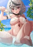  1girl ahoge armpits ass bare_shoulders belt_collar blush bra braid breasts cleavage collar feet highres hololive large_breasts lotion navel ocean open_mouth panties red_eyes sakamata_chloe short_hair silver_hair smile solo thick_thighs thighs underwear virtual_youtuber white_panties 