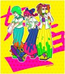  3girls artist_name baseball_bat blue_eyes blue_hair braid brown_eyes bubble_blowing chest_sarashi clenched_hands delinquent double_bun dreadlocks ermes_costello foo_fighters green_eyes green_hair green_nails grin jojo_no_kimyou_na_bouken kujo_jolyne laura_maria long_skirt midriff multicolored_hair multiple_girls nail nail_bat open_clothes open_shirt pink_hair pleated_skirt purple_hair sarashi school_uniform serafuku single_braid skirt smile stone_ocean strapless sukeban tattoo two-tone_hair 