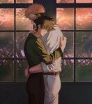  2boys arm_tattoo artist_name belt black_hair black_nails black_pants closed_mouth couple facial_tattoo from_side fushiguro_megumi green_eyes green_shirt hair_between_eyes half-closed_eyes hand_on_another&#039;s_back hand_on_another&#039;s_neck height_difference highres hug jujutsu_kaisen long_sleeves looking_at_another male_focus marrbl mixed-language_commentary multiple_boys mutual_hug pants pink_hair plant red_eyes ryoumen_sukuna_(jujutsu_kaisen) shirt short_hair sideburns sleeves_rolled_up spiked_hair standing tattoo toned toned_male undercut white_pants white_shirt window yaoi 