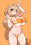  1girl :3 absurdres arm_up bangs big_hair black_choker blonde_hair bow braid breasts choker covered_navel cowboy_shot gris_swimsuit hair_between_eyes hair_bow highres huge_breasts k.tomato long_hair looking_at_viewer meme_attire one-piece_swimsuit orange_eyes orange_swimsuit original single_braid solo standing strapless strapless_swimsuit swimsuit thighs v very_long_hair white_swimsuit 