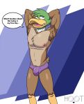  absurd_res anatid anseriform anthro armpit_hair avian bird body_hair boxers_(clothing) brogulls bulge clothing dg254 dialogue_box duck feathers hair hi_res male male/male nipples pubes raeford_(brogulls) sharp_teeth simple_background slim solo teeth text underwear 