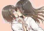  2girls bangs betock blue_eyes blush brown_hair closed_eyes dutch_angle eyebrows_visible_through_hair eyelashes french_kiss highres holding_hands interlocked_fingers kiss long_hair multiple_girls original pink_background shirt short_hair simple_background sweatdrop upper_body white_shirt yuri 