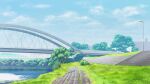  annin_(anninnanninn) blue_sky bridge building bush cloud commentary_request grass highres lamppost no_humans original outdoors river scenery sky stairs tree water 