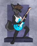 2022 3_toes anthro barefoot black_nose bottomwear bracelet brown_hair canid canine canis clothing collar cosmicartoons dakota_(serarel) denim denim_clothing electric_guitar english_text eyes_closed feet female fur grey_body grey_fur guitar hair happy jewelry mammal musical_instrument open_mouth open_smile playing_music plucked_string_instrument shirt shorts signature smile solo spiked_bracelet spiked_collar spikes steel_tundra string_instrument text toes tongue topwear white_clothing white_shirt white_topwear wolf 