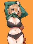  1girl :3 absurdres arms_up bangs big_hair black_bra black_panties blonde_hair bra braid breasts cleavage clothes_in_mouth clothes_lift cowboy_shot green_sweater hair_between_eyes hair_over_one_eye highres huge_breasts k.tomato lifted_by_self long_sleeves mouth_hold navel orange_background orange_eyes panties shirt_in_mouth shirt_lift simple_background single_braid solo sweater teeth thighs underwear upper_teeth 