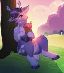  cervid cute_expression cute_eyes dessert feral field food fur grass hair hi_res hooves horn ice_cream ice_cream_cone male mammal millymay mountain one_eye_closed pink_eyes plant purple_body purple_fur purple_hair purple_nose sitting smile solo tongue tongue_out tree ych_(character) 