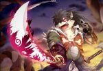  1boy animal_ears animal_nose armor blurry blurry_background body_fur colored_sclera dog_boy dog_ears fangs fangs_out fighting_stance furry furry_male japanese_armor japanese_clothes kote male_focus multiple_swords open_mouth plant plump ponzu_tas red_sclera sarashi scar scar_on_face shino_(housamo) snout solo sunset sword symbol-only_commentary tokyo_afterschool_summoners upper_body vines weapon 