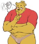  2022 anthro belly big_belly blush bulge clothing disney duo exe_exem eyewear glasses humanoid_hands japanese_text kemono male mammal overweight overweight_male pooh_bear red_clothing red_shirt red_topwear shirt simple_background suid suina sus_(pig) text topwear underwear ursid white_background wild_boar winnie_the_pooh_(franchise) yellow_body 