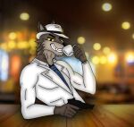  anthro brown_body brown_fur canid canine canis coffee_cup container cup dreamworks fur gun handgun male mammal mr._wolf_(the_bad_guys) nicolasthewolf ranged_weapon revolver solo the_bad_guys weapon white_tuxedo wolf 