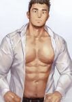  1boy abs bara brown_hair facial_hair gentle2nd highres large_pectorals male_focus mature_male navel nipples open_clothes original pectoral_cleavage pectorals shirt short_hair solo spiked_hair stubble white_shirt 