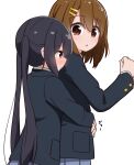  2girls bangs black_hair black_jacket blazer blue_skirt blush brown_eyes brown_hair closed_mouth eyebrows_visible_through_hair hair_between_eyes hair_ornament hairclip height_difference highres hirasawa_yui hug hug_from_behind jacket k-on! long_hair looking_at_another looking_back miruzawa_akechi multiple_girls nakano_azusa open_mouth sakuragaoka_high_school_uniform school_uniform short_hair simple_background skirt twintails white_background yuri 