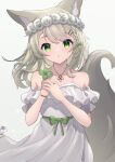  1girl :o absurdres animal_ears bangs blush bow bracelet braid brown_hair clover collarbone cowboy_shot dress eyebrows_visible_through_hair four-leaf_clover fox_ears fox_girl fox_tail green_bow green_eyes green_nails hair_bow head_wreath highres hinata_(user_rjkt4745) holding jewelry long_hair looking_at_viewer nail_polish necklace original parted_lips ring short_sleeves side_braid solo tail white_dress 