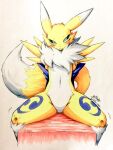  akabane_jin bandai_namco blue_eyes curvy_figure digimon digimon_(species) female hi_res looking_at_viewer neck_tuft renamon seductive solo spread_legs spreading tuft yellow_body 