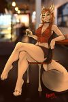  2021 absurd_res anthro barefoot beverage blonde_hair bottomwear breasts canid canine choker clothing feet female fox fur fyrephase hair hi_res holding_beverage holding_object inside jewelry mammal necklace photo_background sitting skirt smile solo tan_body tan_fur 