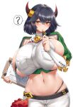  1girl ? ajax_(last_origin) bell black_hair breasts cho!cho! closed_mouth commentary hair_between_eyes highres holding holding_pen horns huge_breasts last_origin looking_at_viewer midriff navel neck_bell orange_eyes pen red_horns short_hair simple_background solo spoken_question_mark white_background 