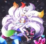  2021 9_tails anthro breasts crystal ear_piercing ear_ring female fur gold_(metal) gold_jewelry hair hi_res jewelry koukysato looking_at_viewer multi_tail navel on_one_leg open_mouth piercing smile solo standing water white_body white_fur white_hair 