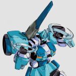  1980s_(style) artist_name english_commentary grey_background hinomars19 holding holding_weapon looking_to_the_side mecha no_humans orange_eyes original retro_artstyle shoulder_cannon solo transformers weapon 