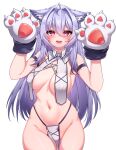  1girl 5danny1206 absurdres ahoge animal_ear_fluff animal_ears animal_hands areola_slip areolae blue_hair blush breast_curtains breasts eyebrows_visible_through_hair fang gloves hair_between_eyes hands_up highres long_hair looking_at_viewer medium_breasts navel open_mouth original paw_gloves red_eyes simple_background smile solo teeth thighs white_background white_gloves 