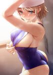  1girl armpits ass blush breasts competition_swimsuit highres love_live! love_live!_sunshine!! one-piece_swimsuit rokko short_hair sideboob swim_cap swimsuit watanabe_you wet window 