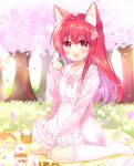  1girl animal_ear_fluff animal_ears bangs blanket cat_ears cherry_blossoms commentary_request dress eyebrows_visible_through_hair flower food frilled_dress frilled_legwear frilled_sailor_collar frills grass hair_between_eyes hair_flower hair_ornament hanami hand_up highres holding holding_food jacket long_hair long_sleeves multicolored_hair no_shoes original petals pink_jacket puffy_long_sleeves puffy_sleeves purple_hair red_eyes red_hair sailor_collar sailor_dress sakura_mochi shikito sitting sleeves_past_wrists socks solo tree two-tone_hair wagashi wariza white_dress white_flower white_legwear 