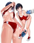  1girl athletic bangs black_hair blue_eyes bottle bra bra_pull breasts clothes_pull collarbone cowboy_shot eyebrows_visible_through_hair full_body hanging_breasts highres large_breasts light_blush lips mibu_natsuki midriff mole mole_under_eye multiple_views navel one_eye_closed original panties parted_lips red_bra red_panties shoes short_hair simple_background sneakers solo sports_bra sports_panties sportswear star-shaped_pupils star_(symbol) sweat symbol-shaped_pupils thighs tongue tongue_out underboob underwear water_bottle white_background white_footwear 