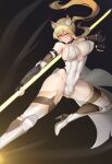  1girl animal_ears arknights arm_strap bare_shoulders black_gloves blonde_hair blush bouncing_breasts breasts brown_background bulge clenched_hand closed_mouth collarbone covered_navel covered_nipples elbow_gloves futanari gins gloves gradient gradient_background high_heels highleg highleg_leotard highres holding holding_weapon horse_ears knee_pads large_breasts leotard long_hair midair multicolored_clothes multicolored_legwear nearl_(arknights) nearl_the_radiant_knight_(arknights) orange_eyes polearm ponytail sidelocks solo spread_legs thighhighs v-shaped_eyebrows weapon white_footwear 