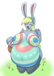  5_fingers anthro basket belly big_belly blonde_hair blush bumpywish container derpy_hooves_(mlp) easter easter_egg egg equid equine eyelashes eyes_closed fake_ears fake_rabbit_ears female fingers friendship_is_magic grass hair hasbro hi_res holidays hyper hyper_belly hyper_pregnancy kneeling mammal my_little_pony navel open_mouth paint pegasus plant pregnant smile wings 