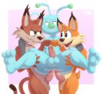  2022 3_toes anal anal_penetration antennae_(anatomy) anthro anthro_on_anthro anus artist_name balls black_nose blue_body blue_eyes bobcat bodily_fluids brown_body brown_fur brown_nose bubsy bubsy_(series) caracal caracal_(genus) cheek_tuft chin_tuft claws clenched_teeth cum cum_in_ass cum_inside digital_media_(artwork) double_anal double_penetration ear_tuft facial_tuft fangs feet felid feline fist_bump fur genital_fluids genitals gesture gobanire green_eyes green_nose group humanoid_genitalia humanoid_hands humanoid_penis looking_at_another looking_at_partner lynx male male/male mammal nude open_mouth orange_body orange_fur penetration penis precum sex simple_background small_tail smile tan_body tan_fur teeth toes tongue trio tuft video_games woolie_(bubsy) 