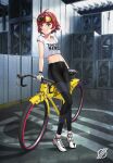  1girl ahoge bicycle blush clothes_writing crop_top eyewear_on_head fingerless_gloves full_body gloves ground_vehicle highres indoors leggings looking_away looking_to_the_side masin0201 midriff navel original parted_lips red_hair shirt short_hair short_sleeves smile solo standing tinted_eyewear toned white_footwear white_gloves white_shirt yellow-tinted_eyewear yellow_eyes 