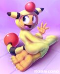  4_fingers ampharos amphy artist_name barefoot biped blue_eyes claws clothed clothing digital_media_(artwork) feet fingers gobanire long_sleeves looking_at_another looking_back male nintendo open_mouth pok&eacute;mon pok&eacute;mon_(species) purple_background rodricoro scraggy simple_background sitting solo toe_claws tongue video_games 